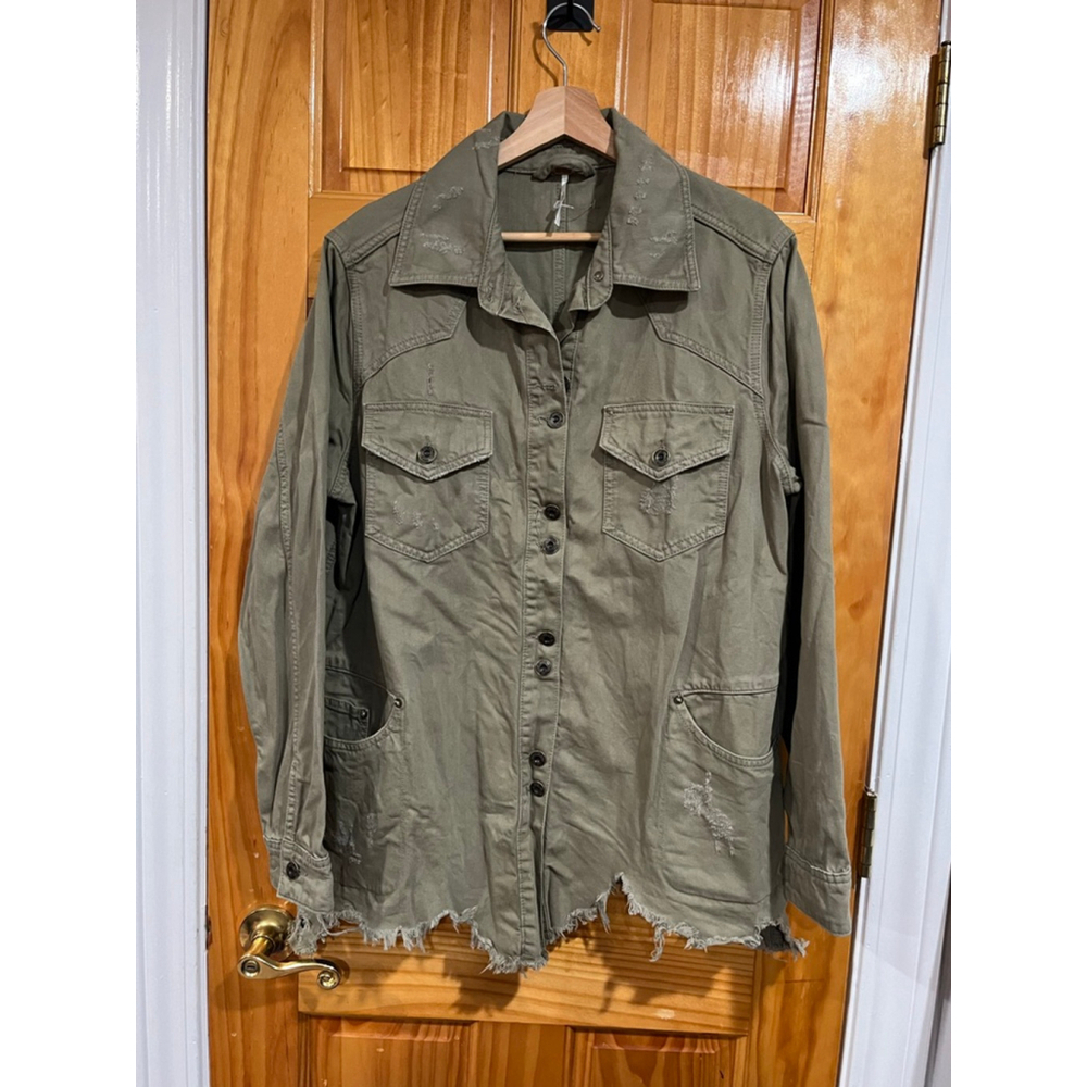 Free People Moonchild Distressed Boho Green Button Down Shacket Size Medium
